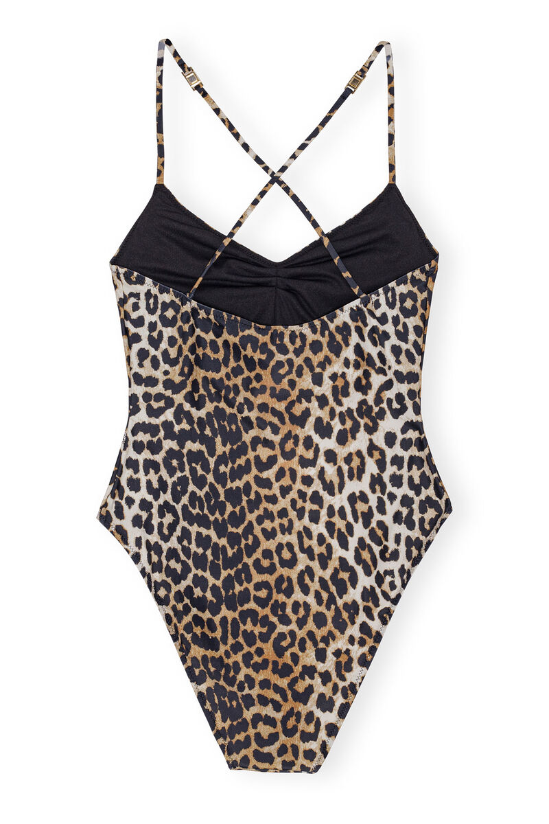 Recycled Leopard Printed V-neck Swimsuit, Elastane, in colour Leopard - 2 - GANNI