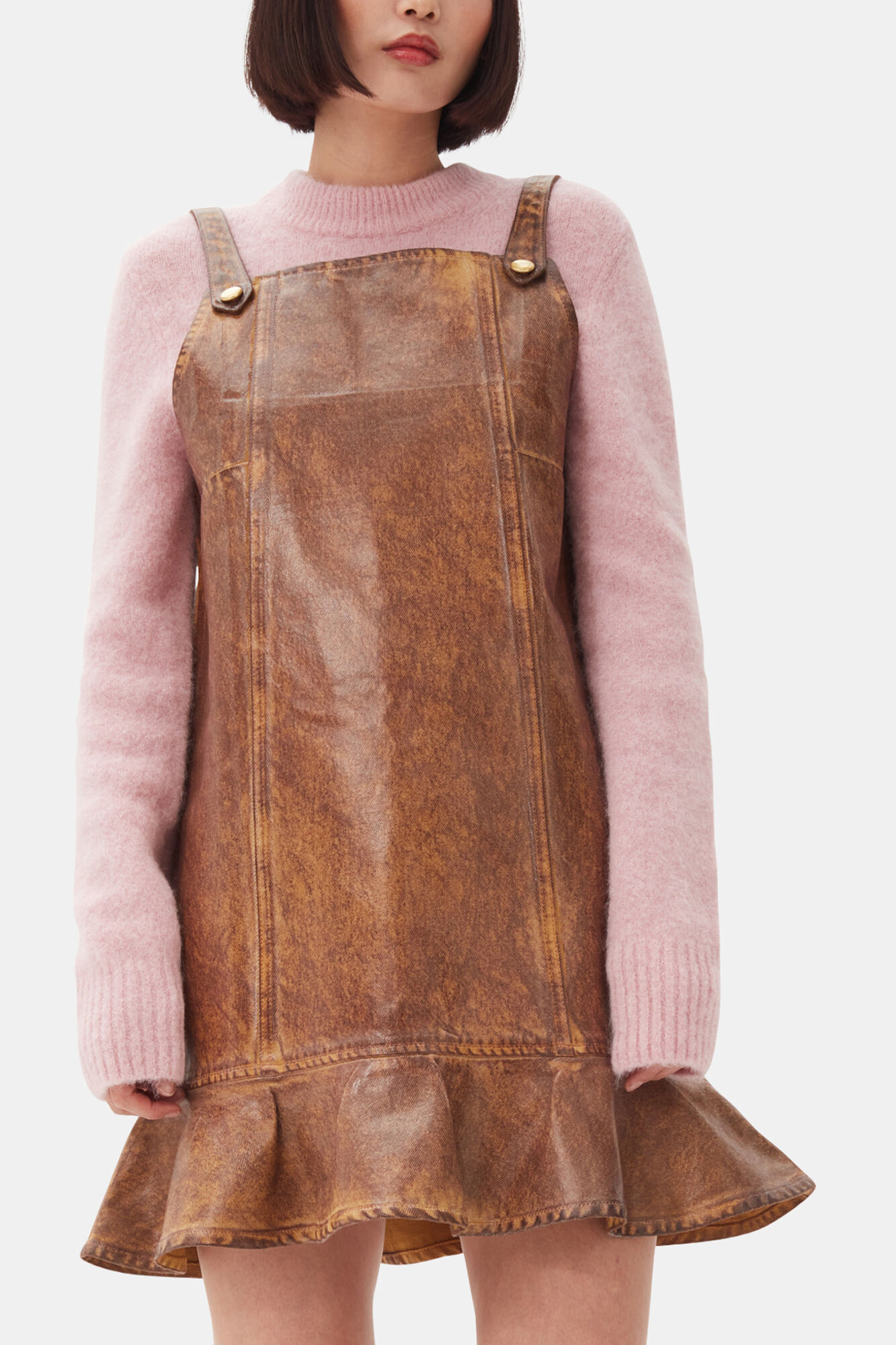 Brown Foil Denim Mini Dress, Organic Cotton, in colour Cognac - 2 - GANNI