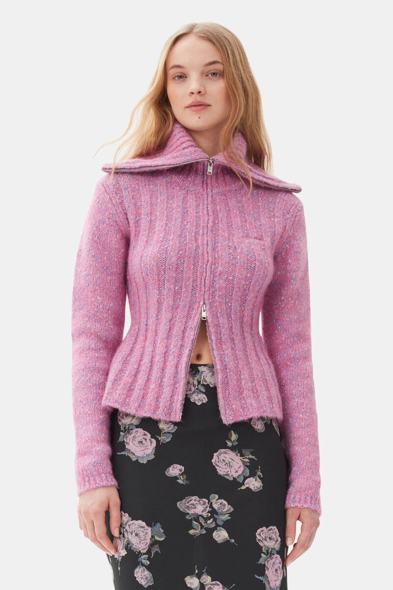 Pink Highneck Zip Cardigan, Alpaca, in colour Rose Violet - 1 - GANNI