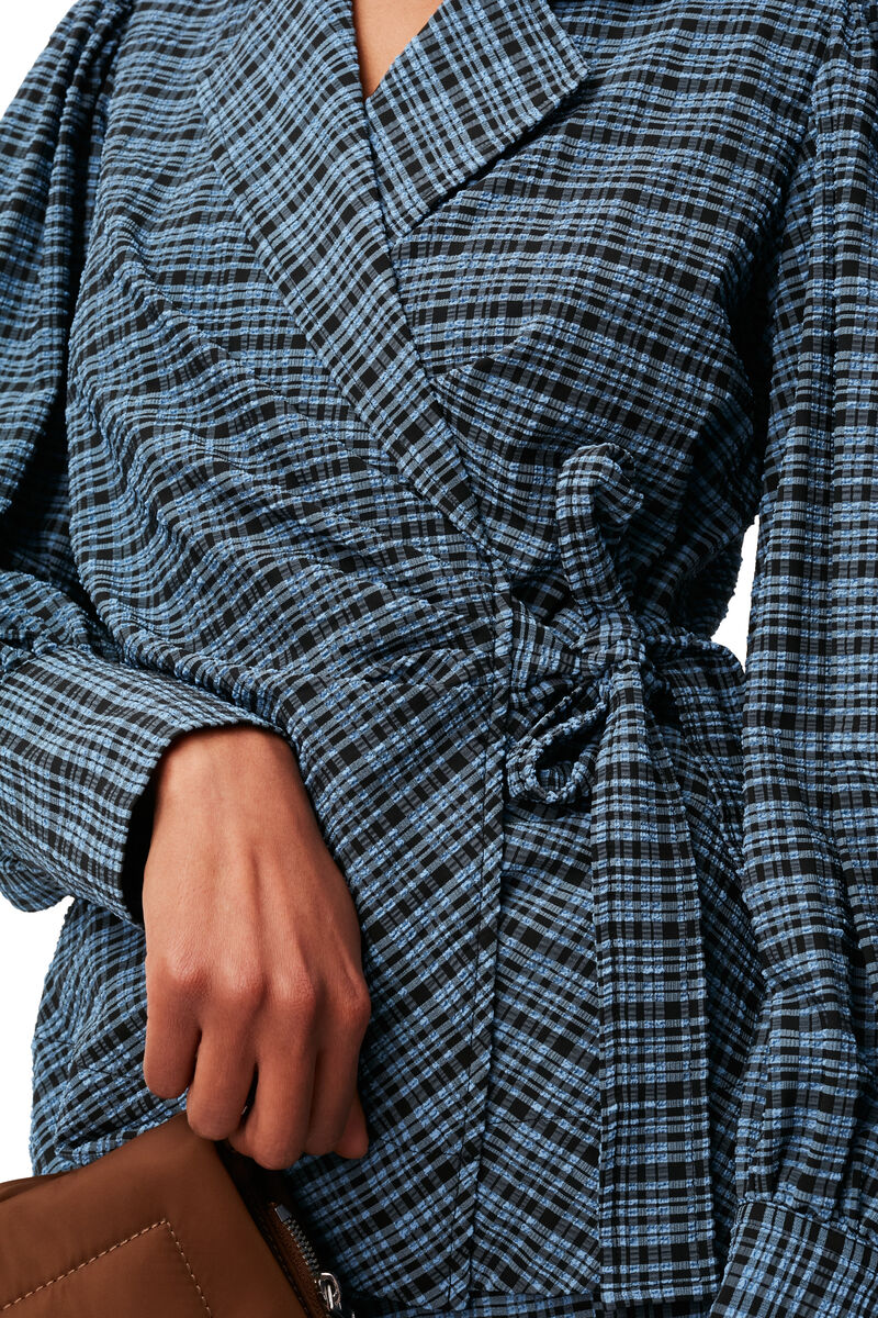 Seersucker Wrap Shirt, Elastane, in colour Mini Check Granada Sky - 3 - GANNI