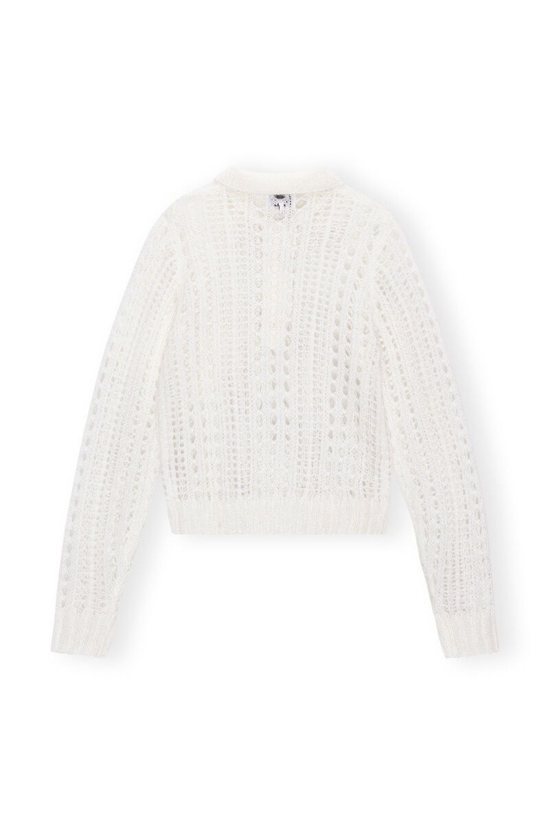 White Mohair Lace Polo Pullover, Merino Wool, in colour Bright White - 2 - GANNI