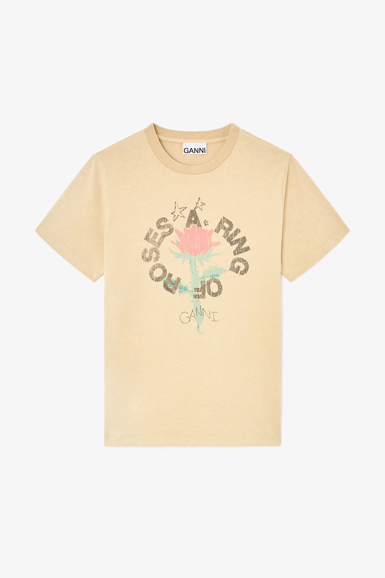 T-shirt med ros, Recycled Cotton, in colour Safari - 1 - GANNI