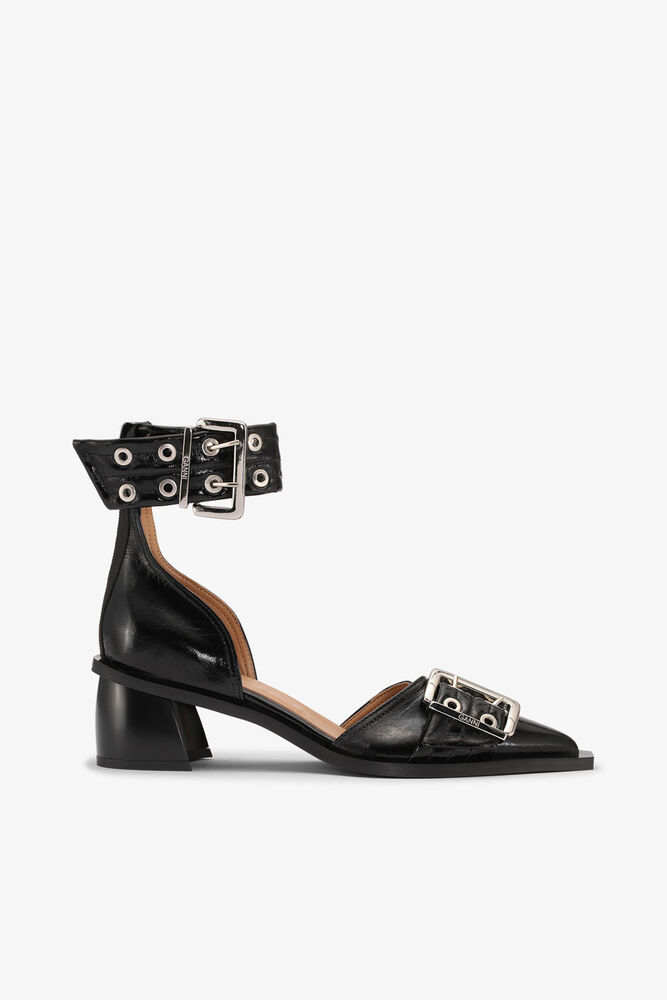 Black Feminine Buckle Open Cut Pumps, Black