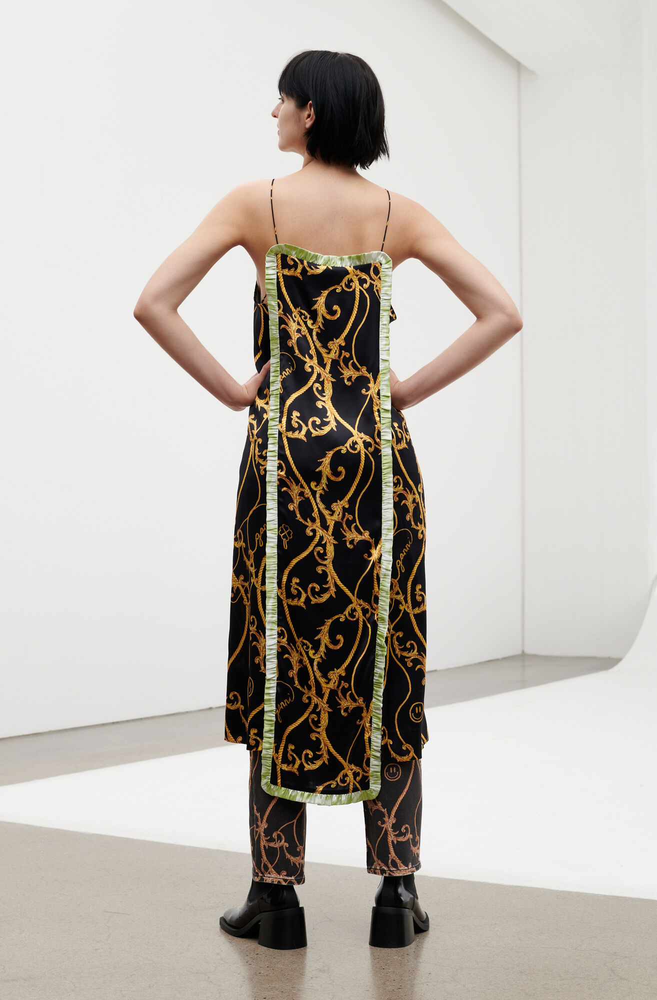 Silk Stretch Satin Center Panel Ruffle Slip Dress, Elastane, in colour Black - 2 - GANNI