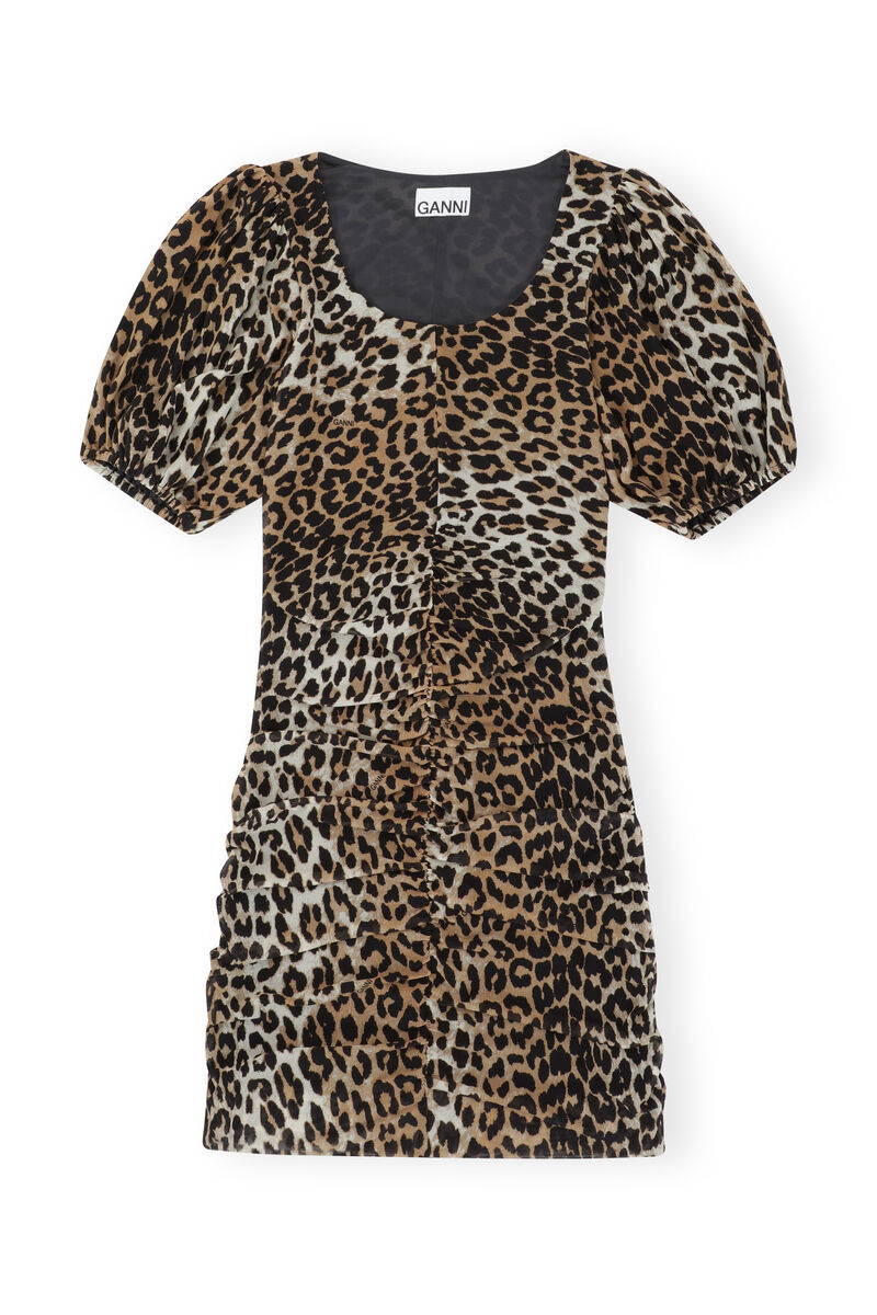 Ruched Mesh Mini Dress, Recycled Nylon, in colour Leopard Seedpearl - 1 - GANNI