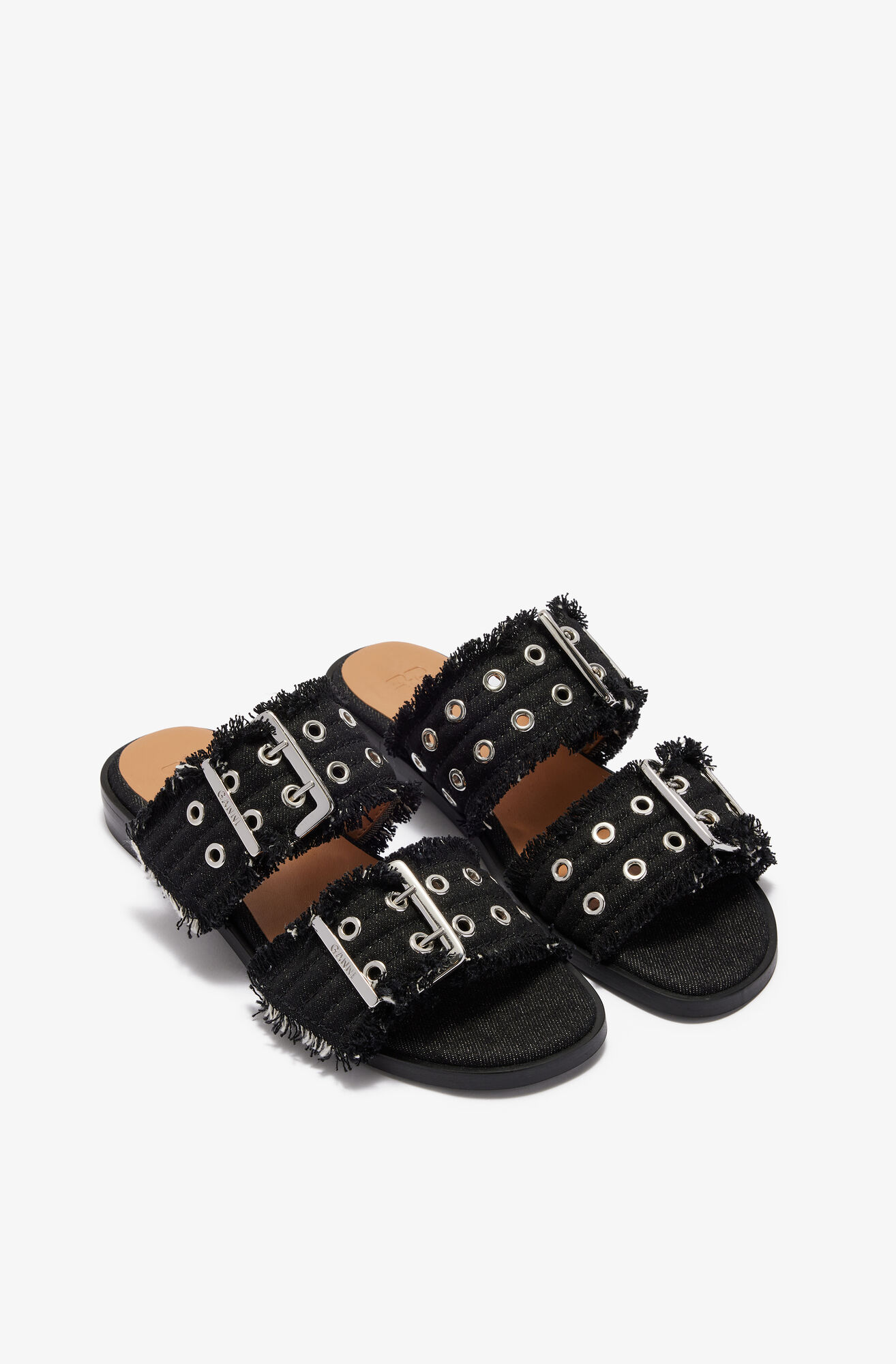 Denim Feminine Buckle Two-Strap Sandals, Recycled Cotton, in colour Black - 2 - GANNI