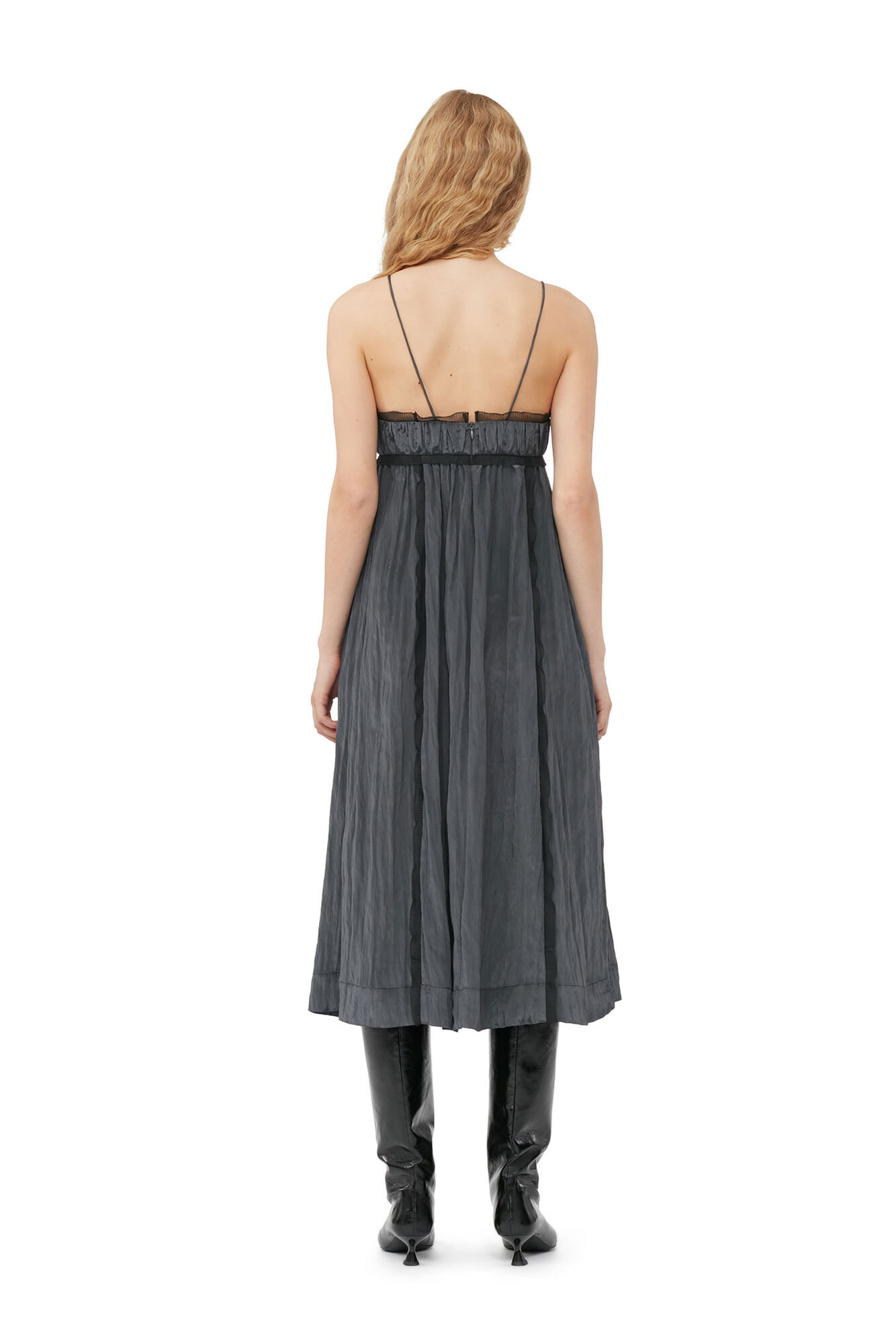 Grey Shiny Tech Strap Midi Dress, Polyamide, in colour Gray Pinstripe - 3 - GANNI