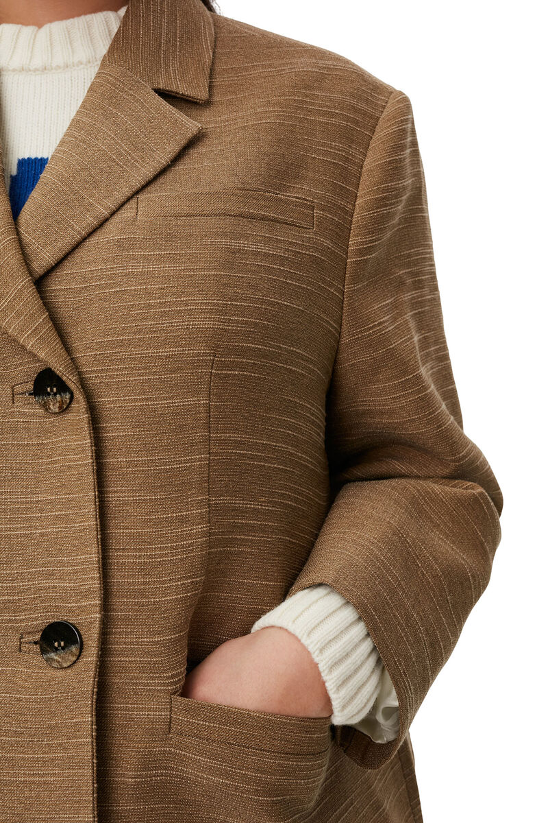 Brown Slub Linen Oversized Blazer, Ecovero Viscose, in colour Petrified Oak - 3 - GANNI