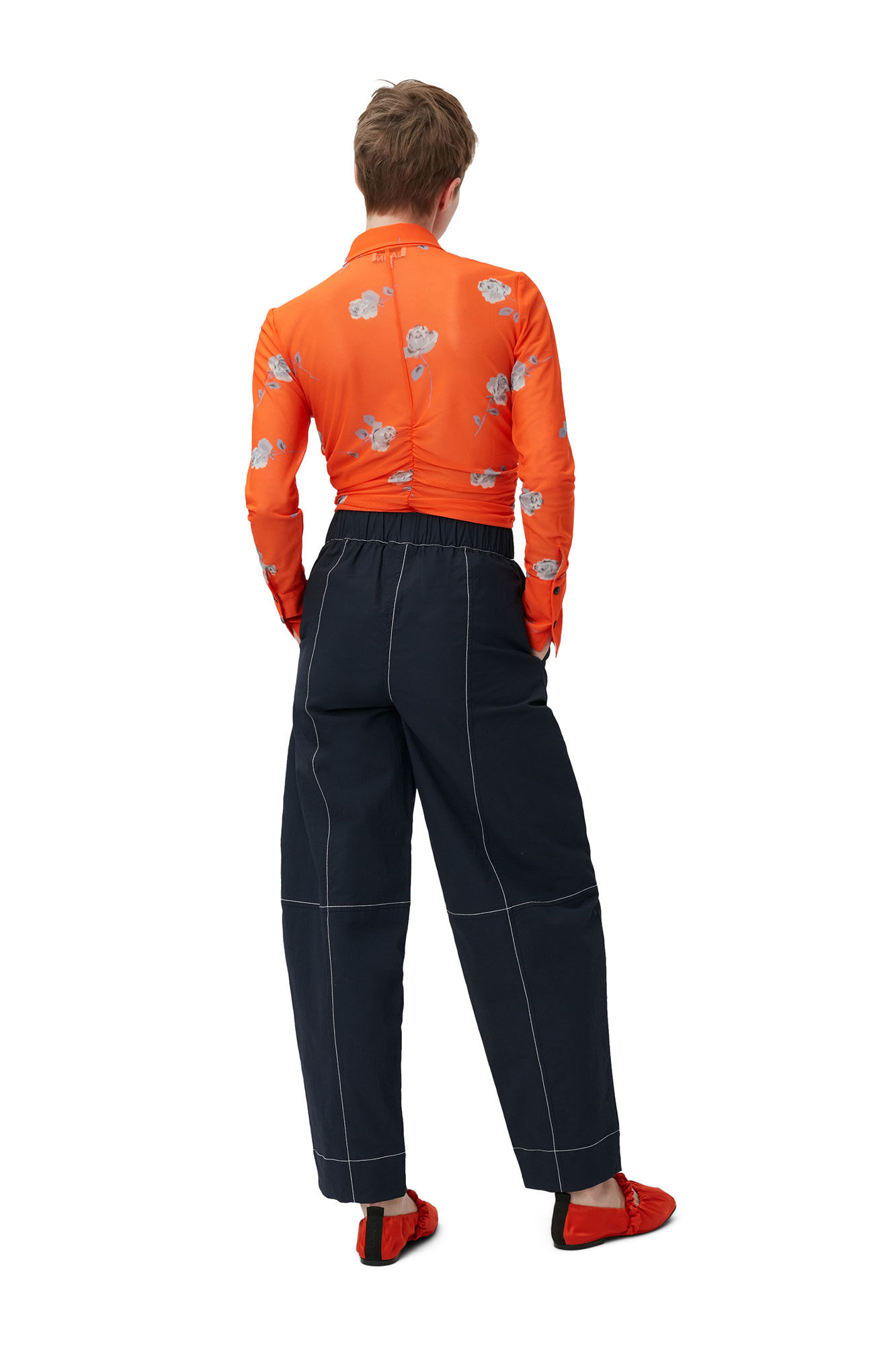 Orange Printed Mesh Ruched Shirt, Recycled Nylon, in colour Orangeade - 3 - GANNI