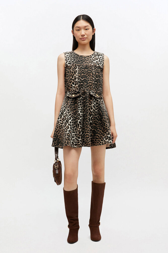 Leopard Denim Mini Dress, Almond Milk