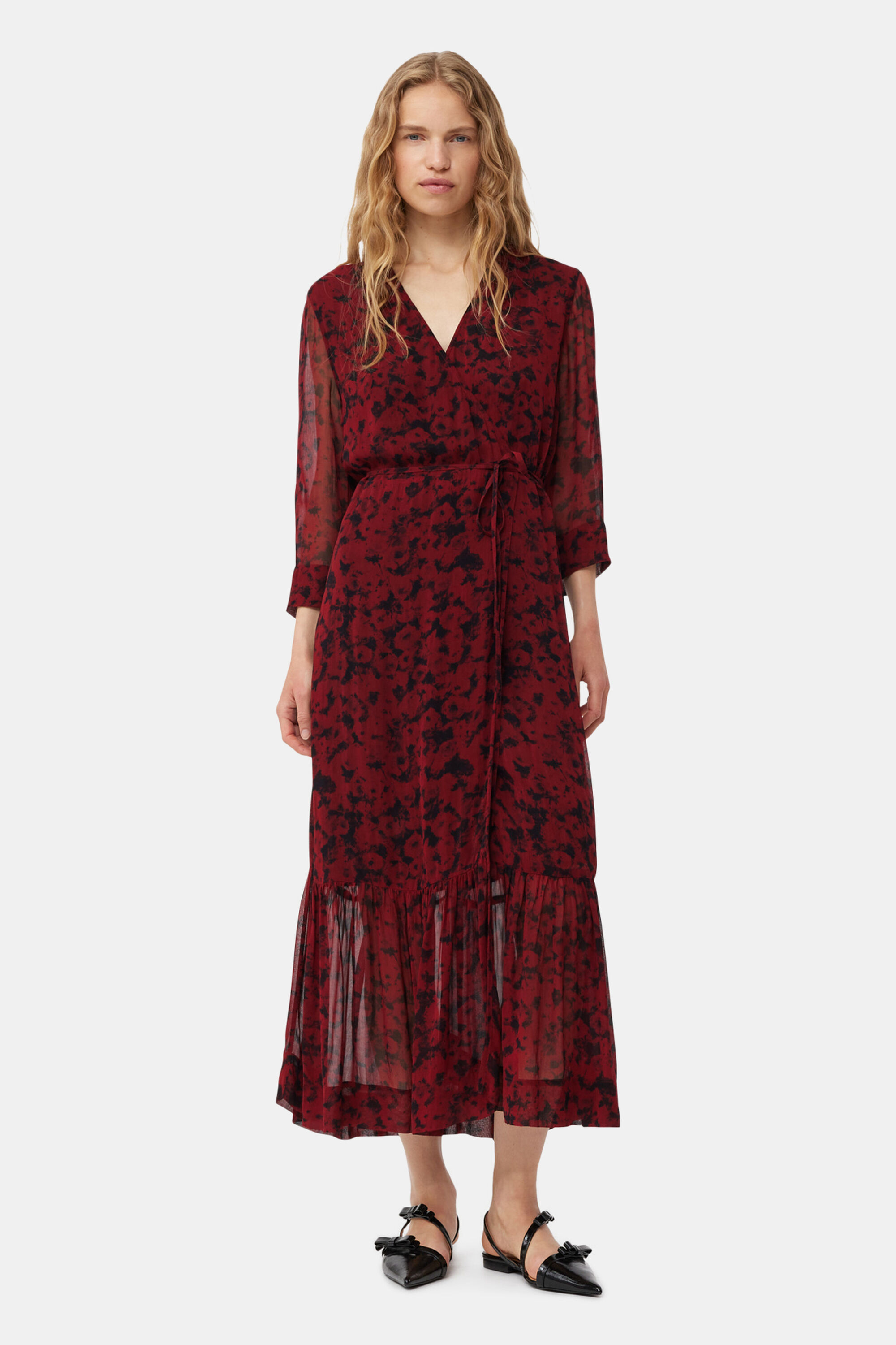 Syrah Red Printed Light Georgette Wrap Midi Dress | GANNI US
