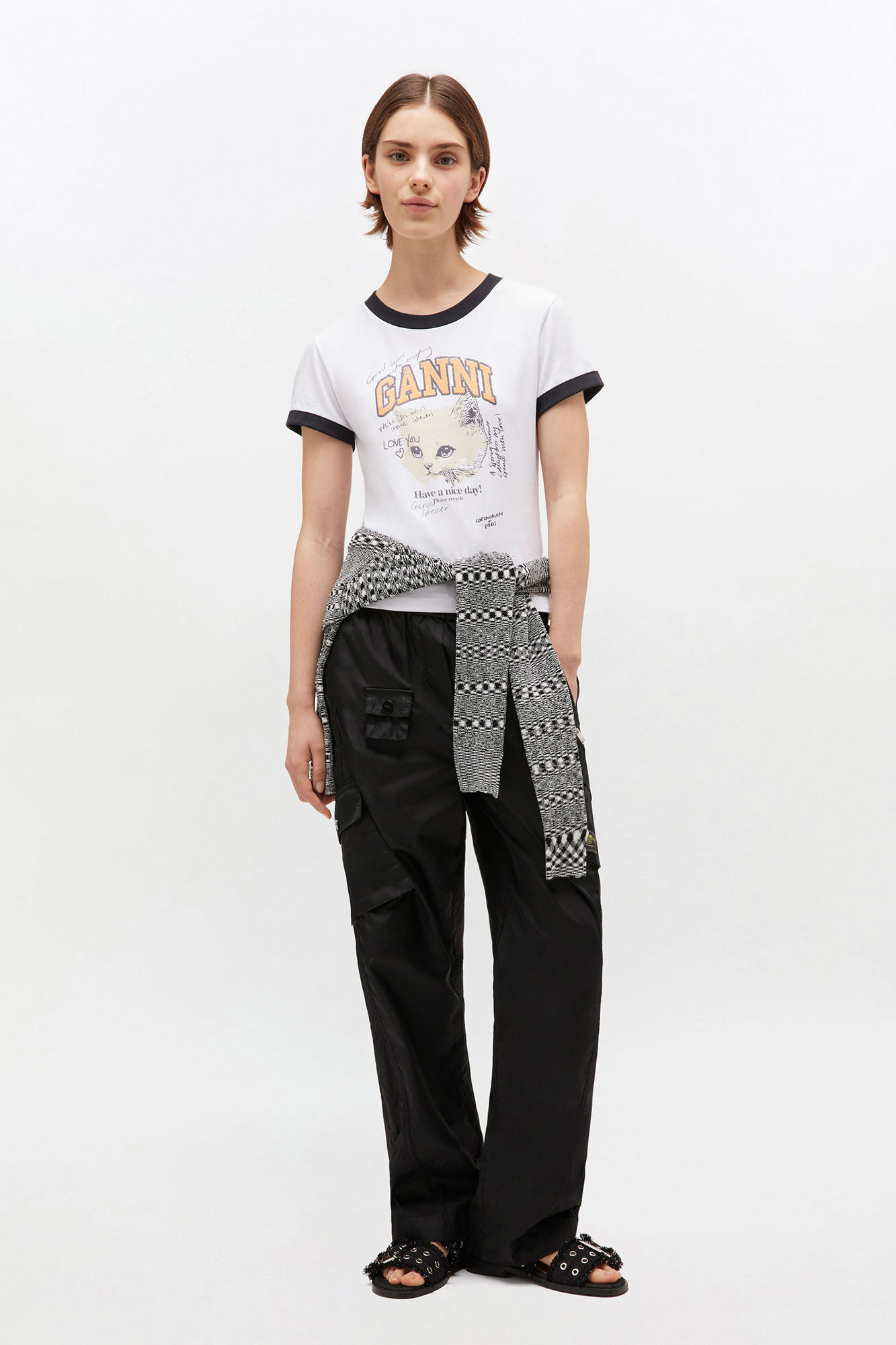 White Cropped Kitty T-shirt, Cotton, in colour Bright White - 2 - GANNI