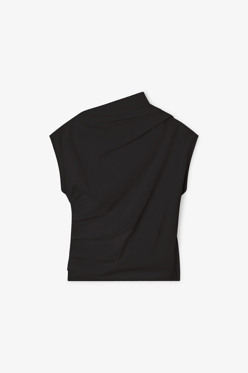 Black Ruched Top, Organic Cotton, in colour Black - 1 - GANNI