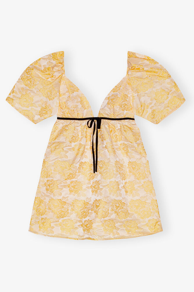 Yellow Botanical Jacquard Mini Dress, Flan