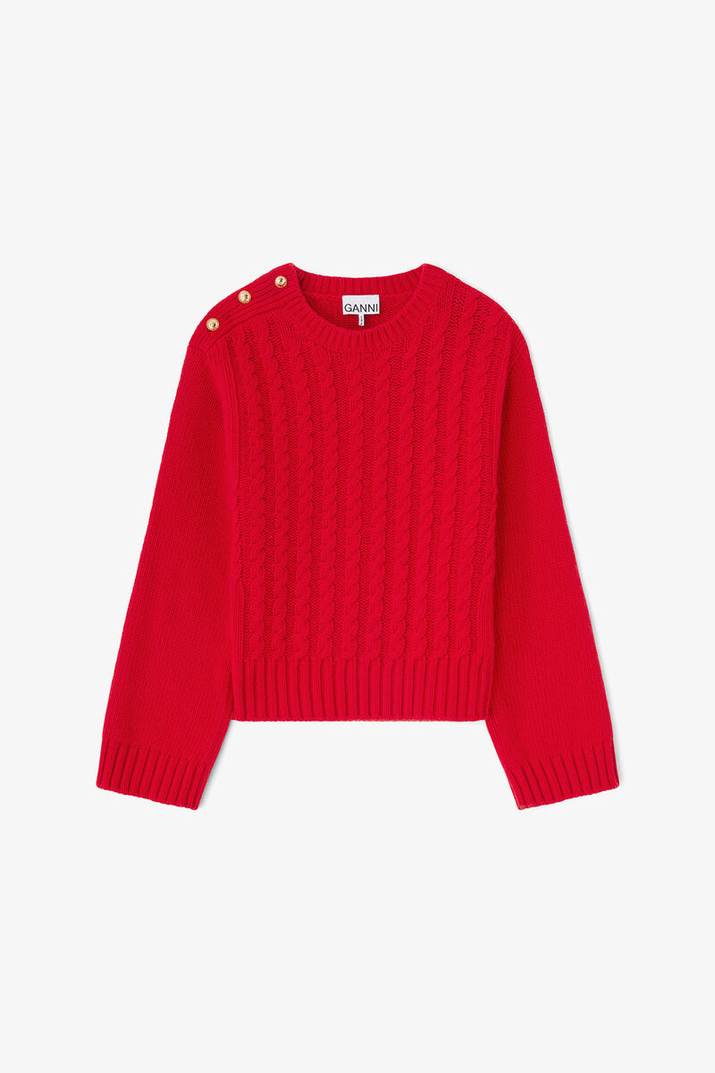 Pull rouge en laine m&eacute;lang&eacute;e torsad&eacute;e, Wool, in colour Mars Red - 1 - GANNI