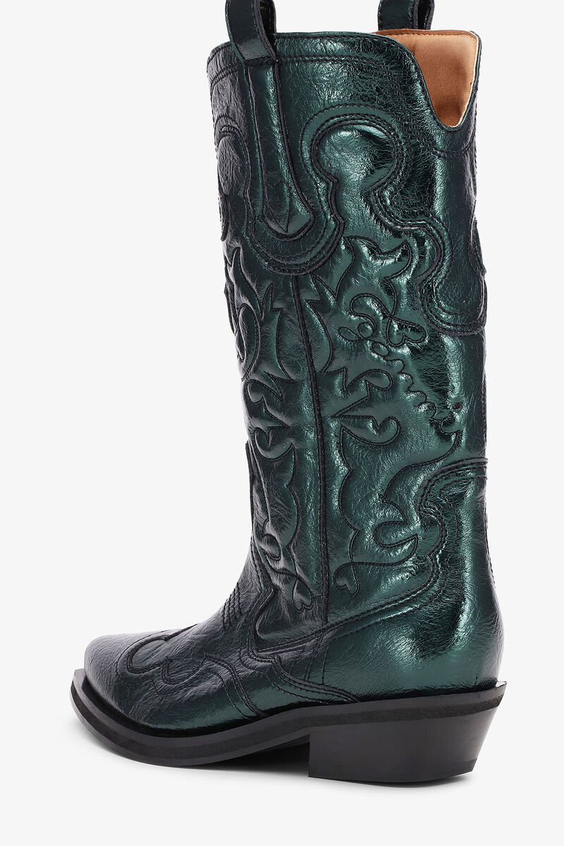 Bottes western vertes métallisées à tige mi-haute et broderies, Polyurethane, in colour Climbing Ivy - 3 - GANNI