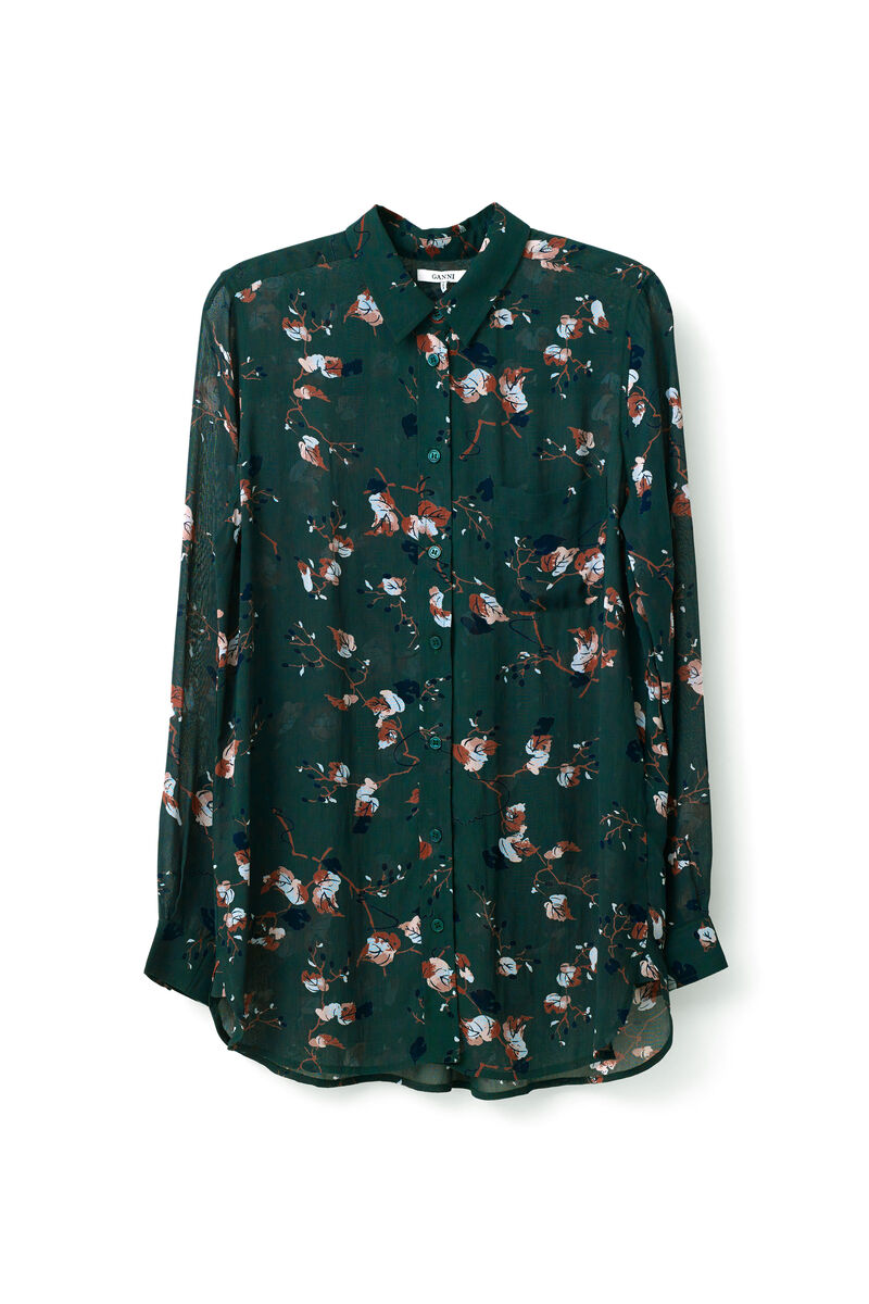 Marietta Georgette Shirt, in colour Pine Grove Leaves - 1 - GANNI