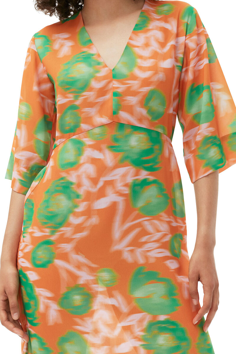 Printed Crepe V-neck Dress, Recycled Polyester, in colour Vibrant Orange - 8 - GANNI