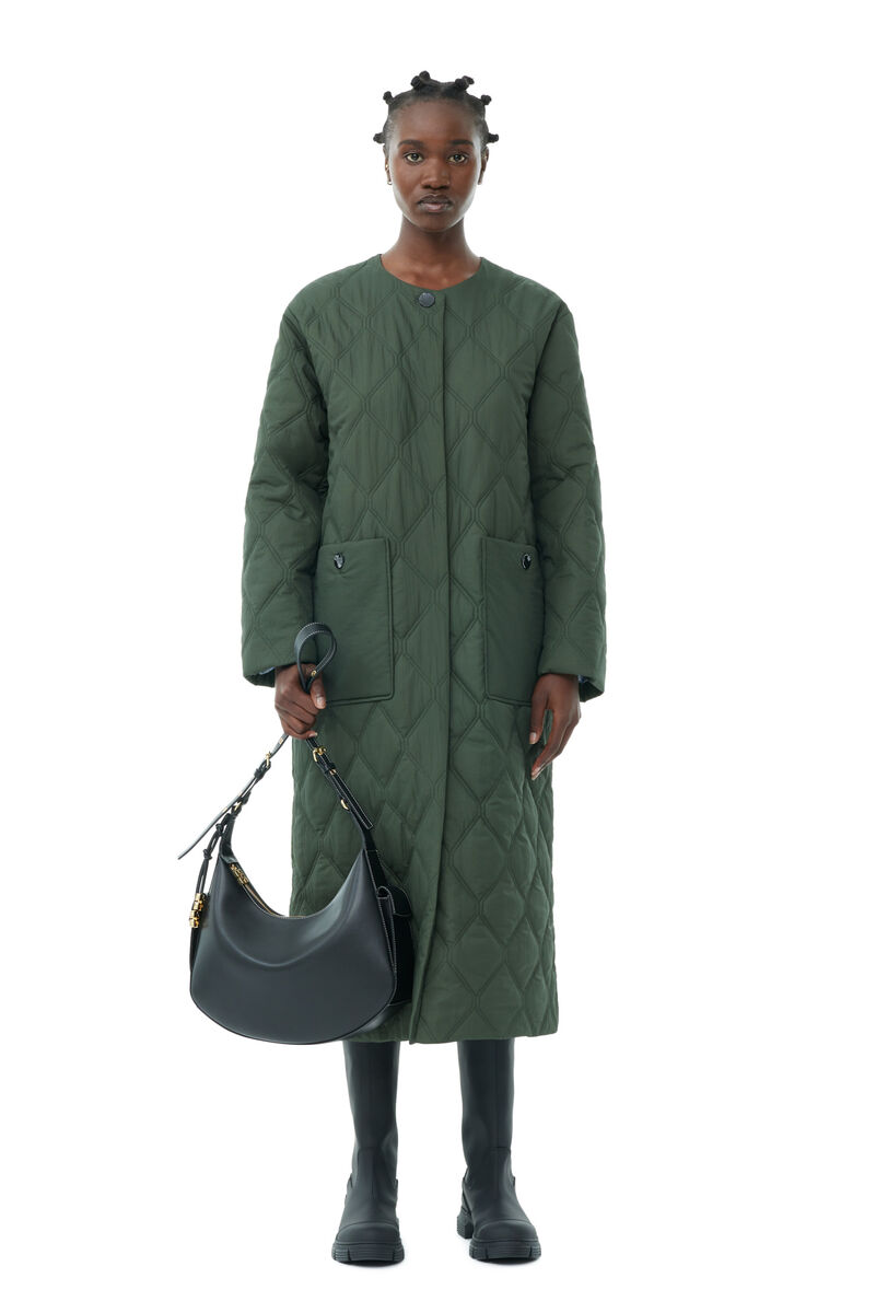 Green Quilt Long Coat, Recycled Polyamide, in colour Kombu Green - 2 - GANNI