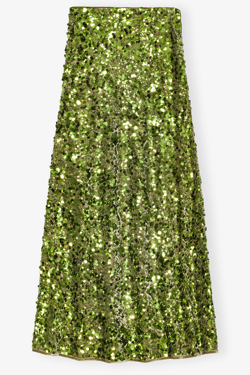 Green Sequin Maxi Skirt, Elastane, in colour Titanite - 1 - GANNI
