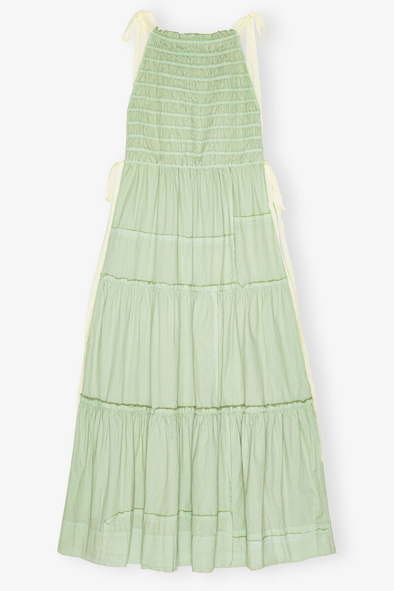 Hellgrünes gesmoktes Stufenkleid, Cotton, in colour Frosty Green - 2 - GANNI