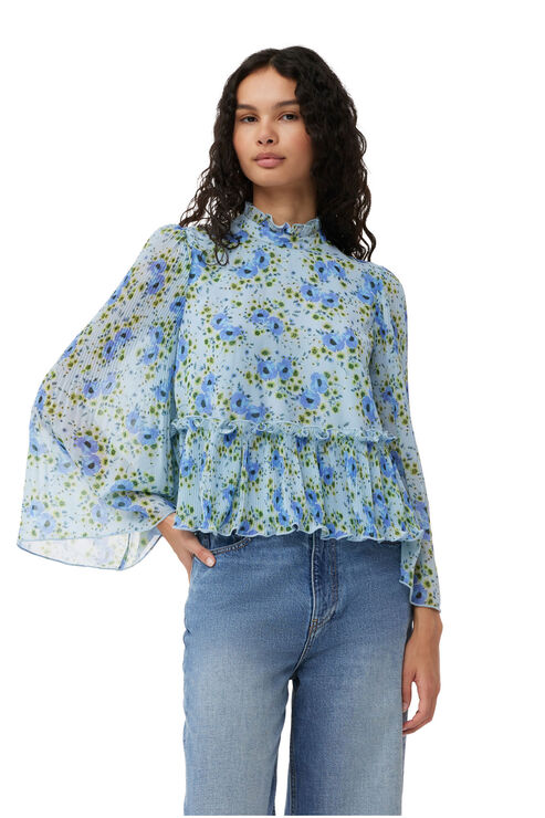 Ganni Short Sleeve Pleated Georgette Blouse In Ice Water