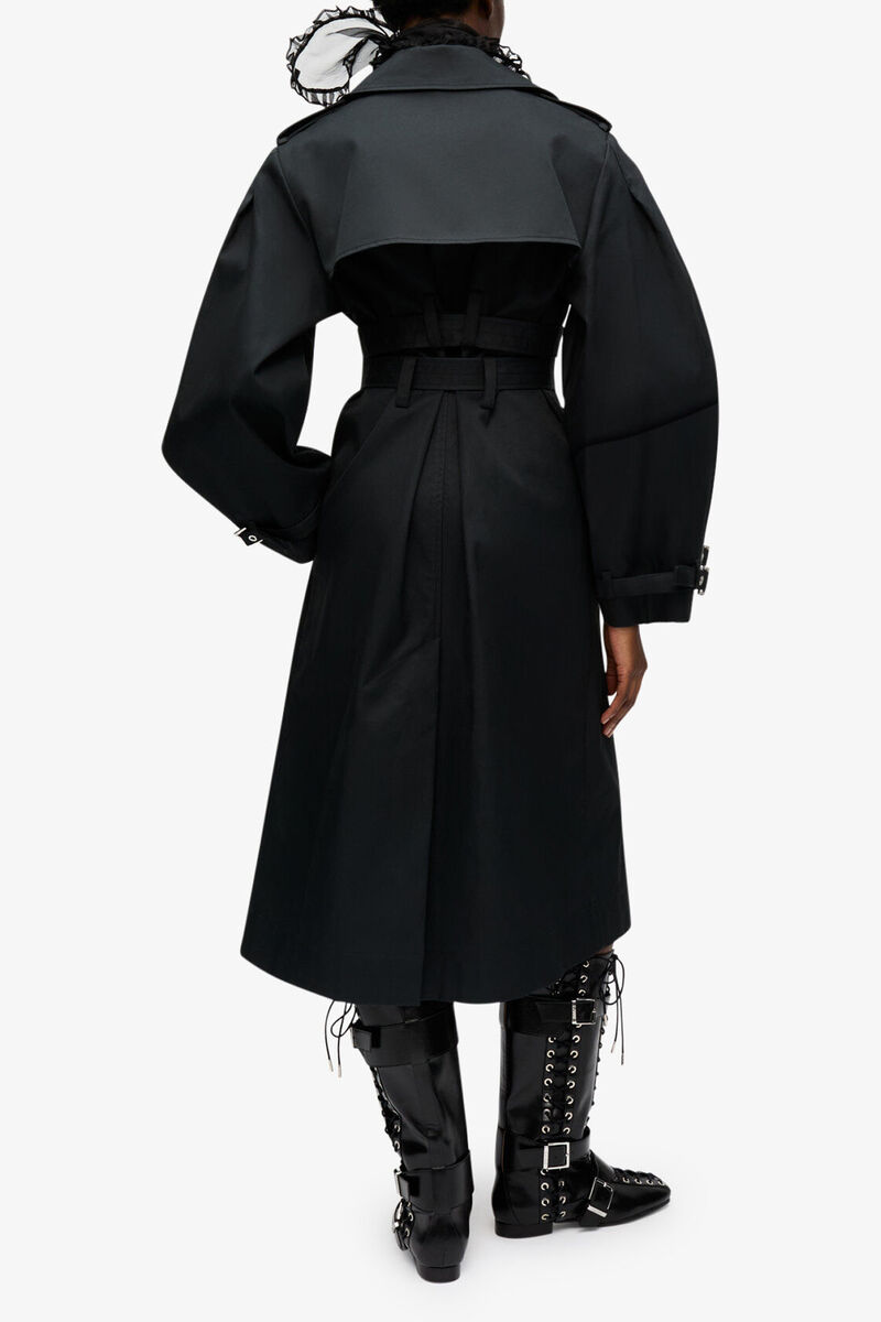 Black Bonded Cotton Trench Coat, Organic Cotton, in colour Black - 2 - GANNI