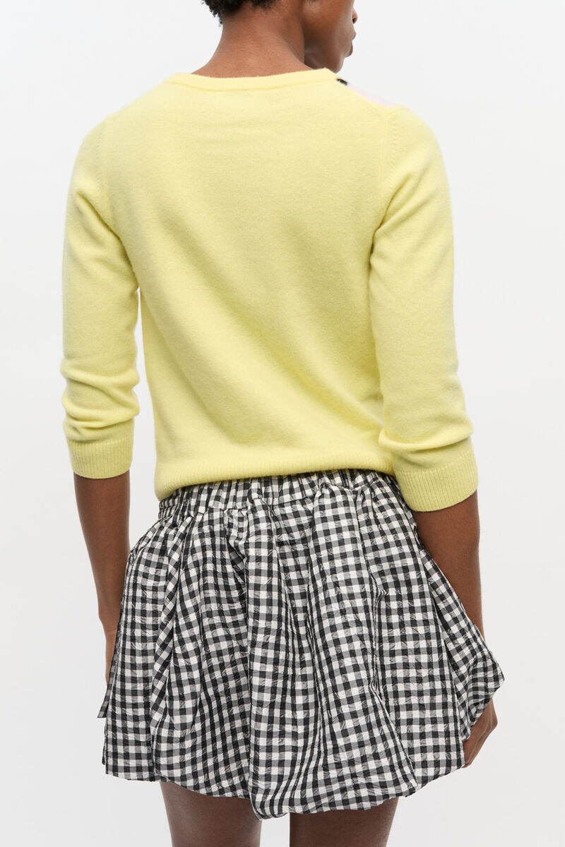 Yellow Check Cardigan, Merino Wool, in colour Pear Sorbet - 3 - GANNI
