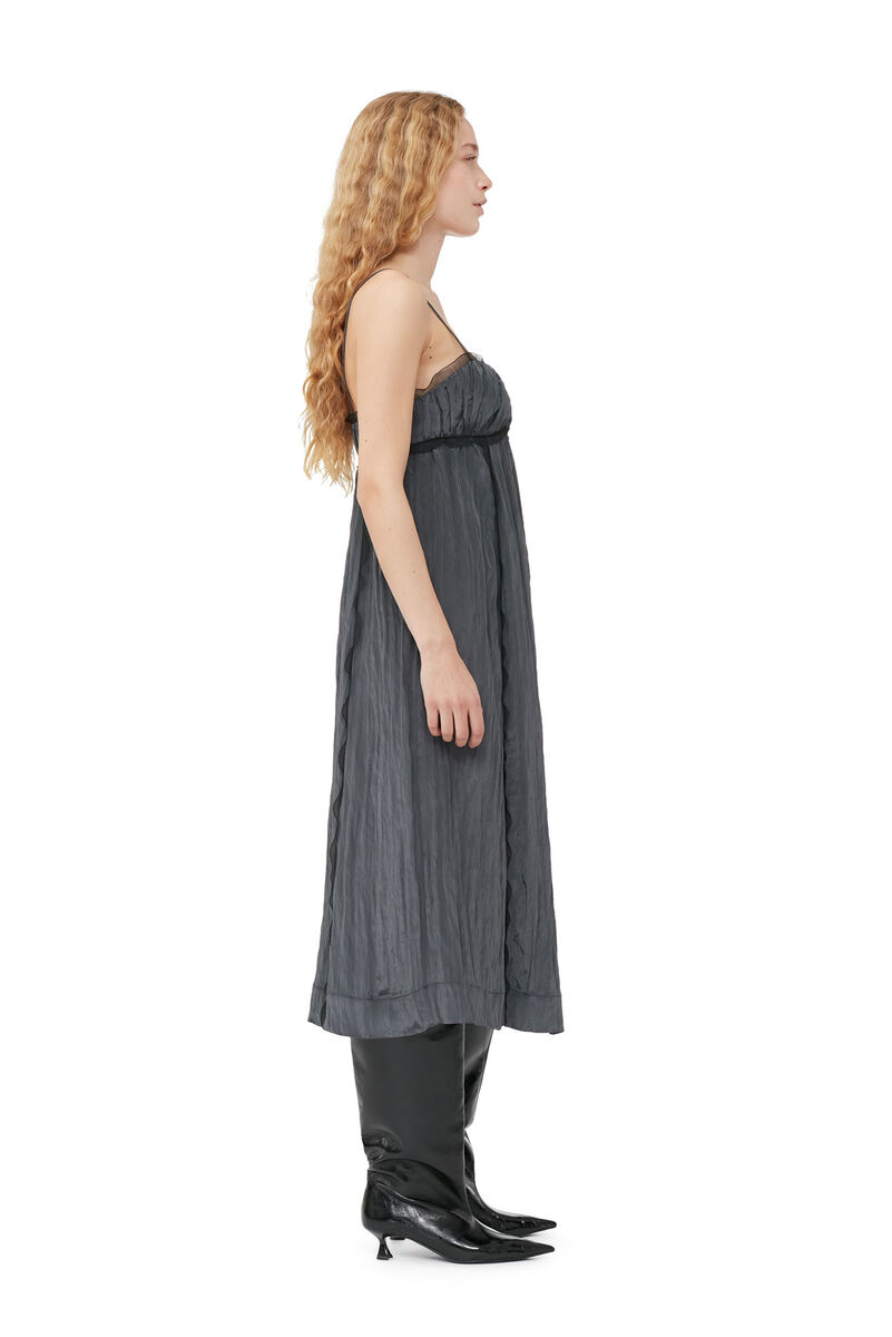 Grey Shiny Tech Strap Midi Dress, Polyamide, in colour Gray Pinstripe - 2 - GANNI