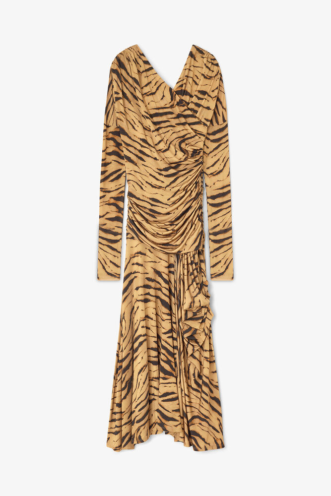 Zebra Print Ruched Dress, Khaki