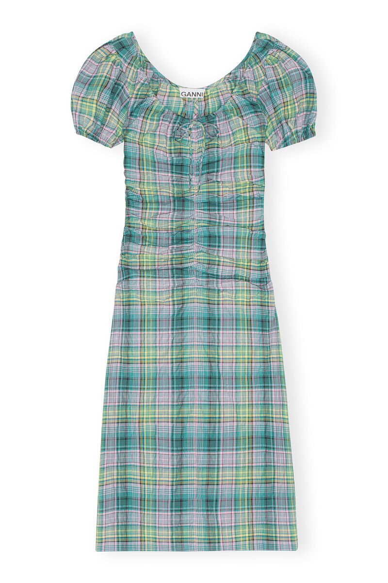 Seersucker Check Gathered U-neck Midi Dress, Organic Cotton, in colour Lagoon - 1 - GANNI