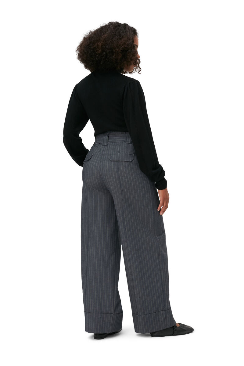 Stripe Wide Leg Pants, Elastane, in colour Sky Captain - 2 - GANNI