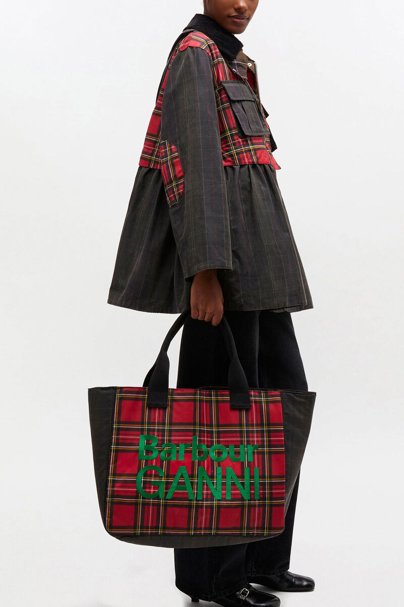 レッドのタータン トート, Cotton, in colour Dark Green - 2 - GANNI