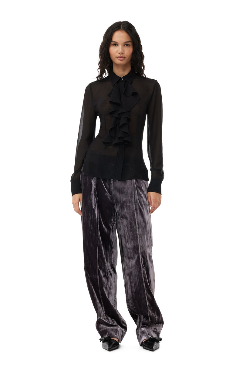 Pantalon Grey Striped Velvet Relaxed Pleated, Elastane, in colour Phantom - 1 - GANNI