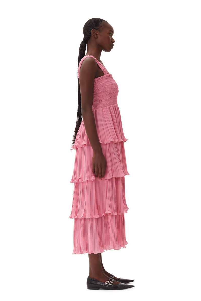 Robe Pink Pleated Georgette Flounce Smock Midi, Recycled Polyester, in colour Orchid Smoke - 3 - GANNI