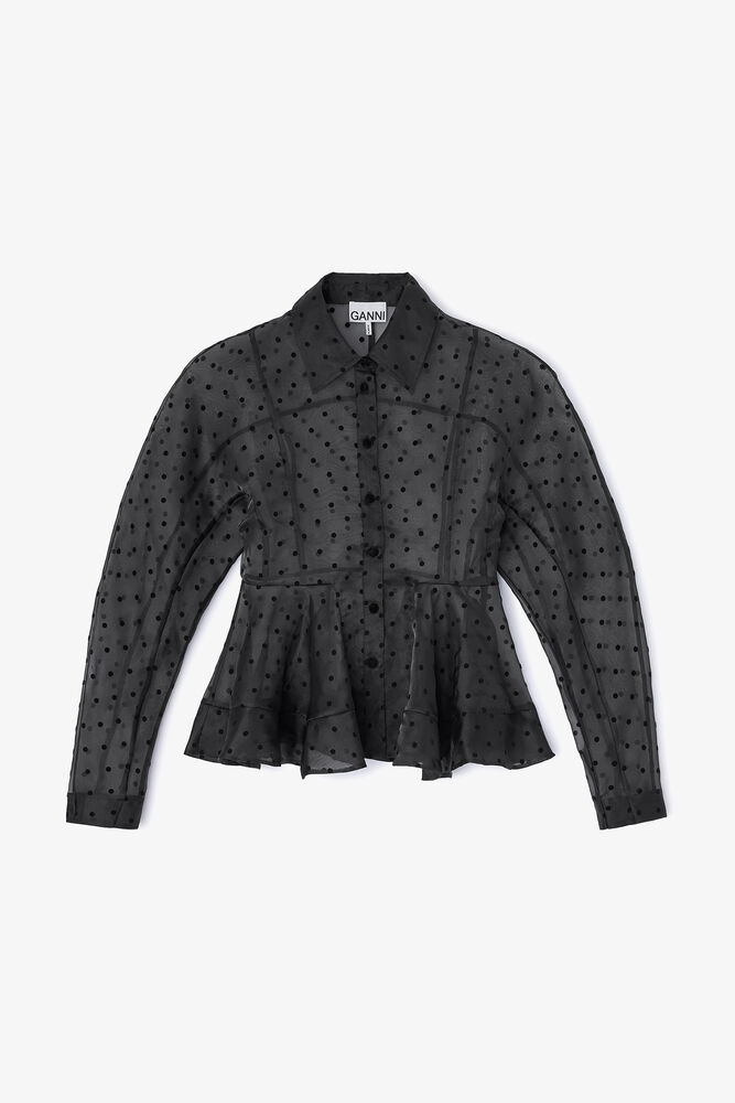 Black Organza Peplum Shirt, Black