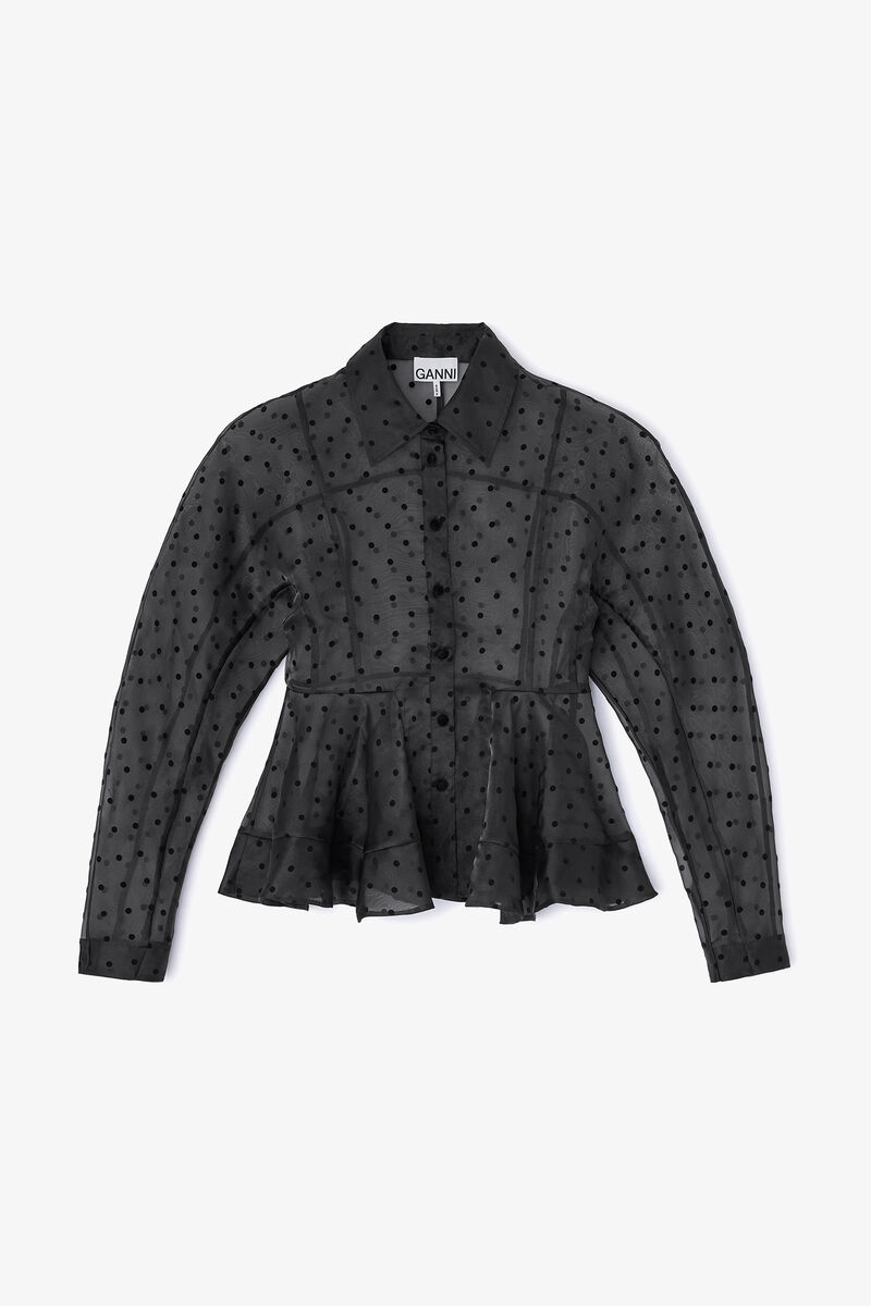 Black Organza Peplum Shirt, Recycled Polyester, in colour Black - 1 - GANNI