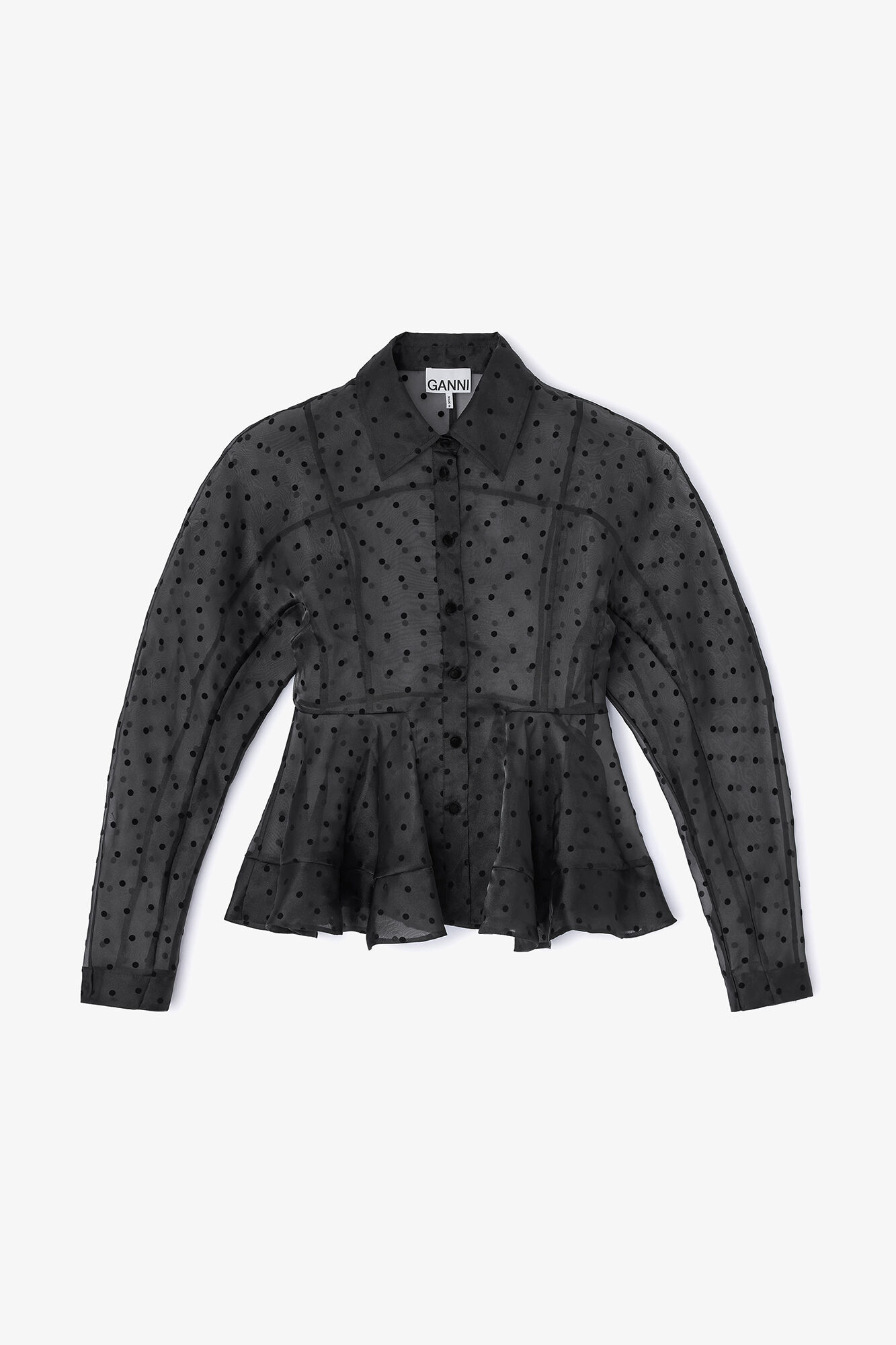 Black Organza Peplum Shirt, Recycled Polyester, in colour Black - 1 - GANNI