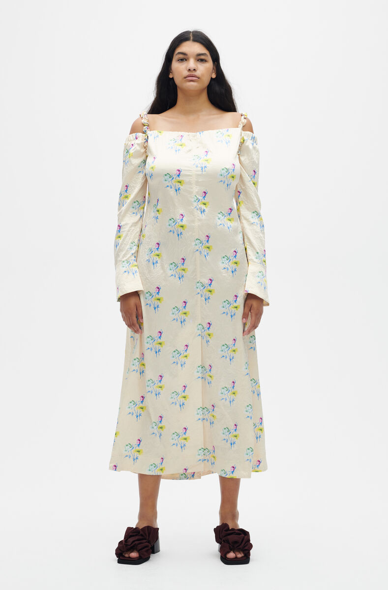 Satin Off-The-Shoulder Midi Dress, Elastane, in colour Floral Rutabaga - 1 - GANNI