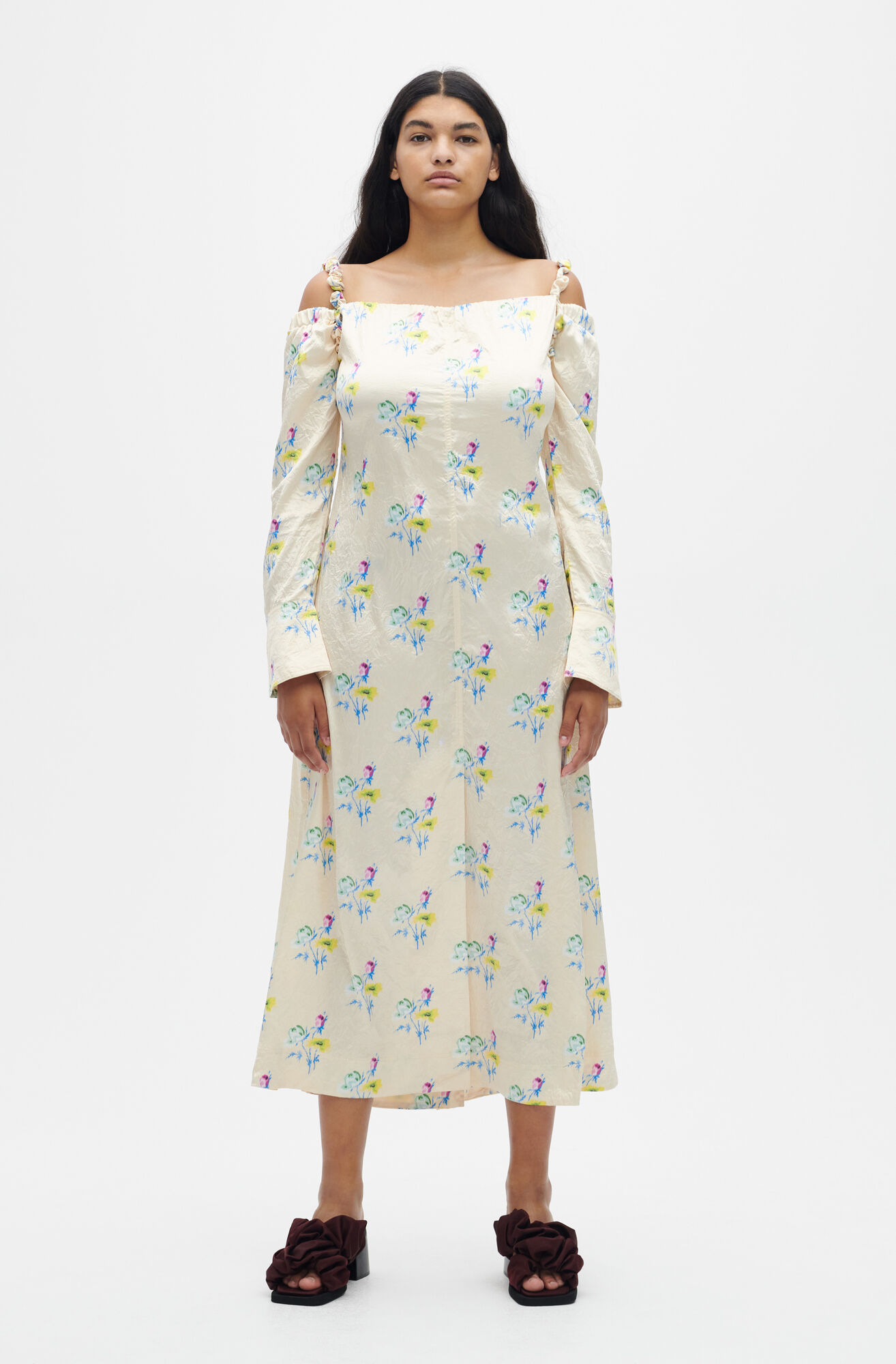 ganni.com | Satin Off-The-Shoulder Midi Dress