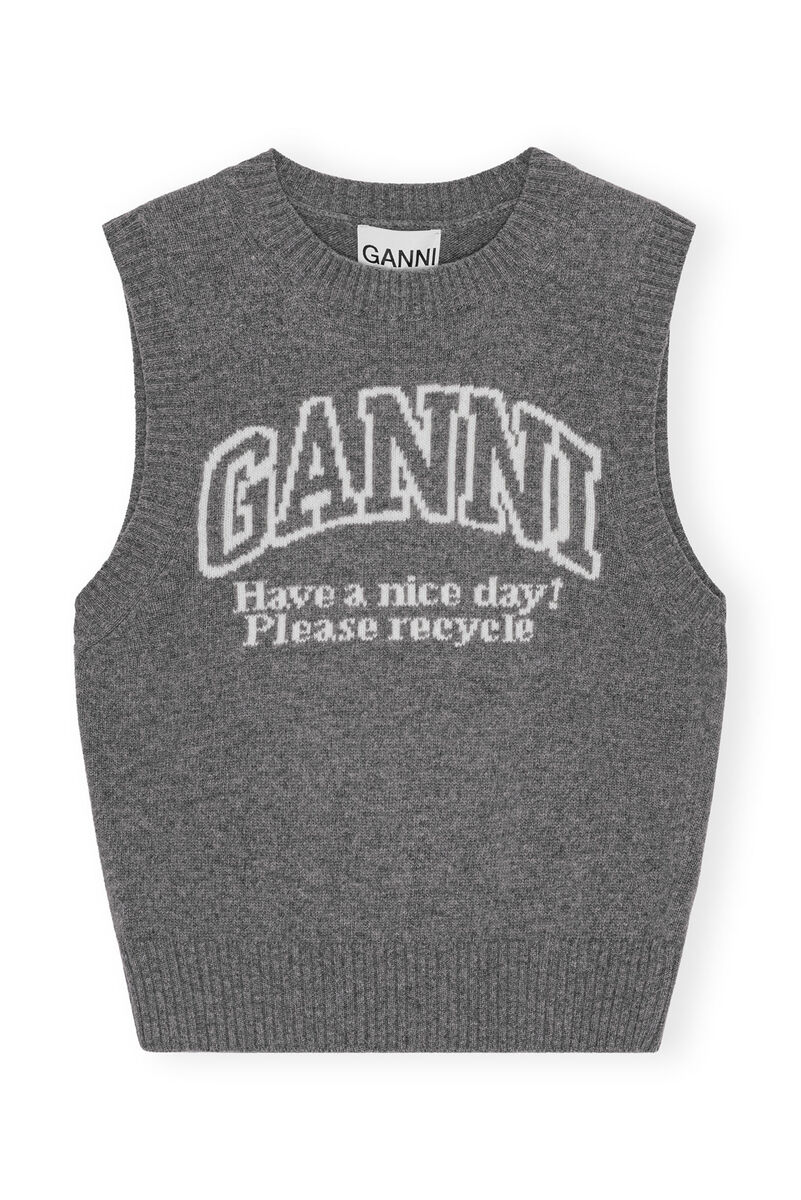 Grey Graphic Wool Vest, Recycled Polyamide, in colour Frost Gray - 1 - GANNI