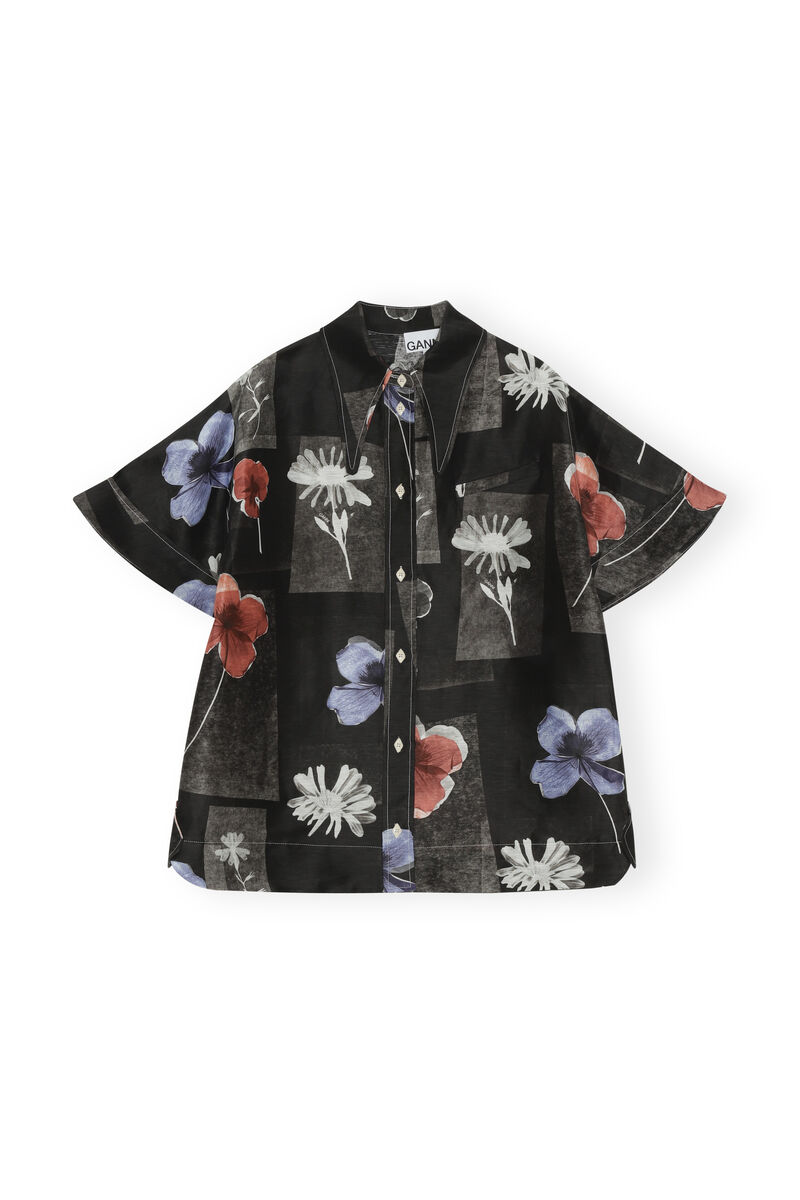 Printed Shirt, Linen, in colour Flowers Black - 1 - GANNI