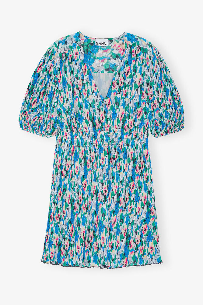 Pleated Georgette V-neck Mini Dress, Floral Azure Blue