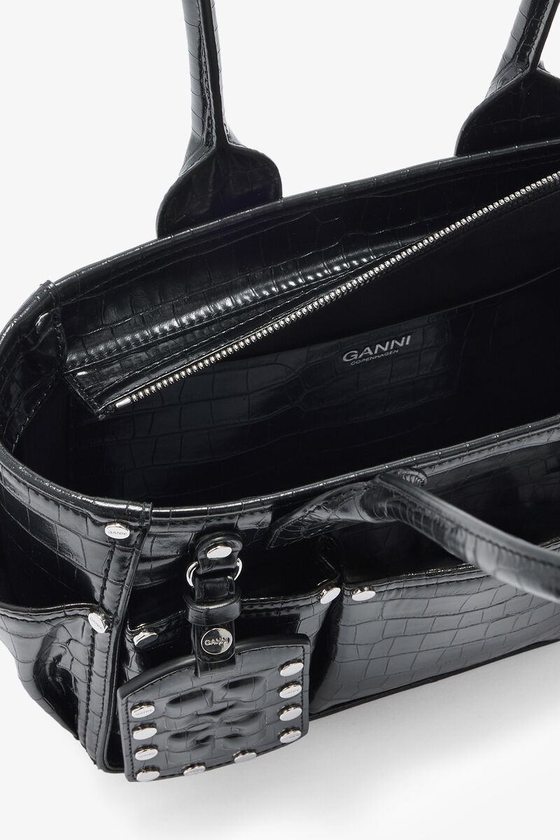 Posy Small in Black Croco, Recycled Leather, in colour Black - 3 - GANNI