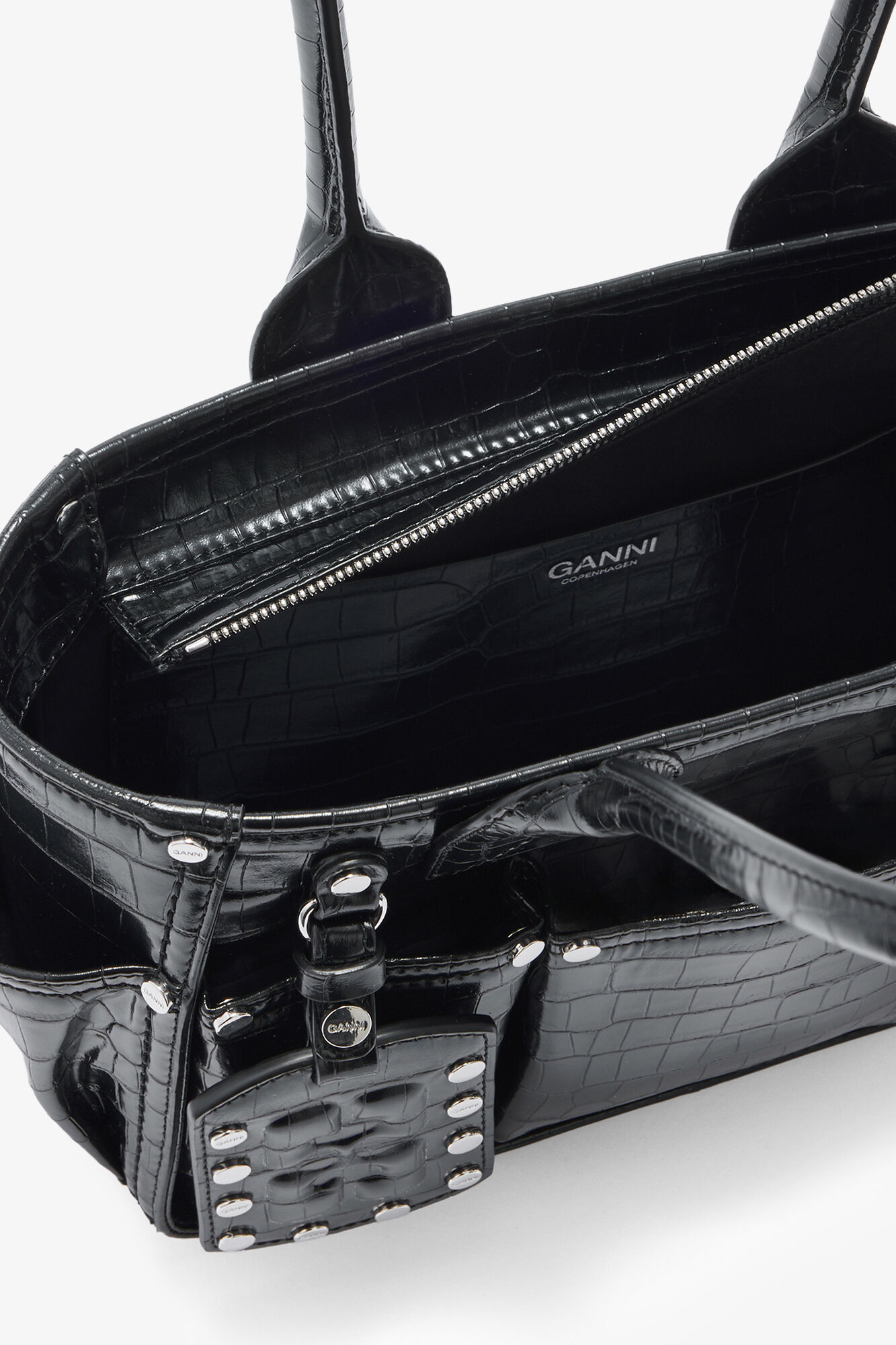 Posy Small in Black Croco, Recycled Leather, in colour Black - 3 - GANNI