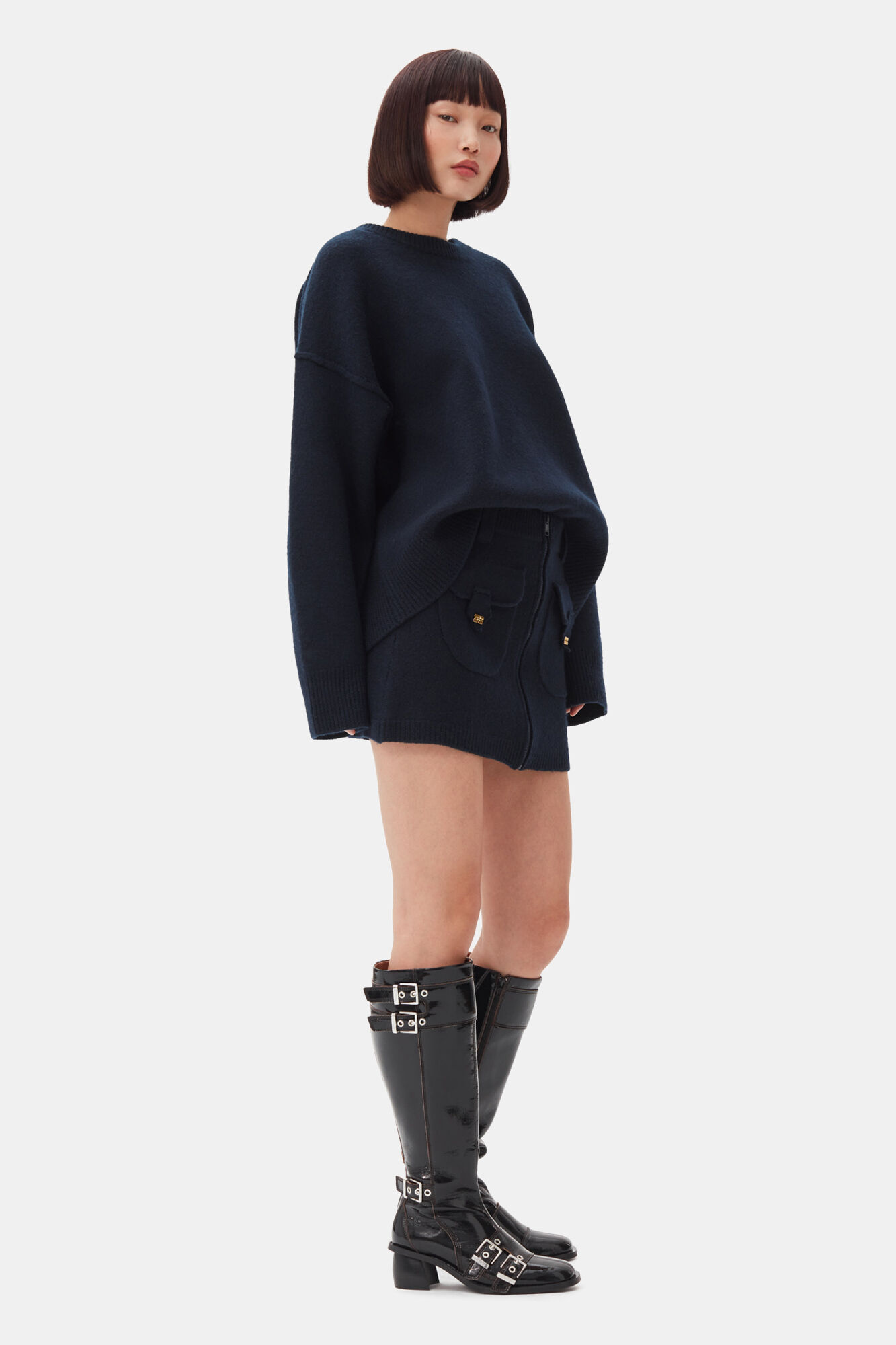 Dark Blue Mini Skirt, Wool, in colour Sky Captain - 2 - GANNI