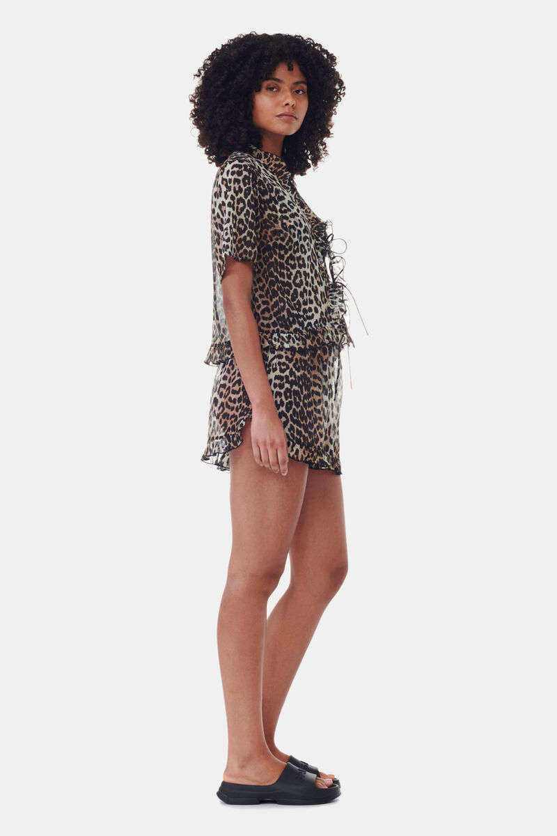 Leopard Printed Chiffon Tie String Blouse, Recycled Polyester, in colour Leopard - 3 - GANNI