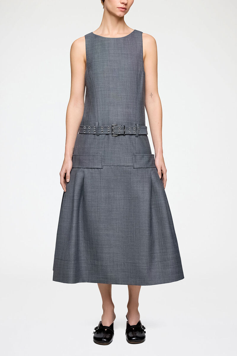 Dress in Grey Wool Melange, Wool, in colour Phantom - 1 - GANNI
