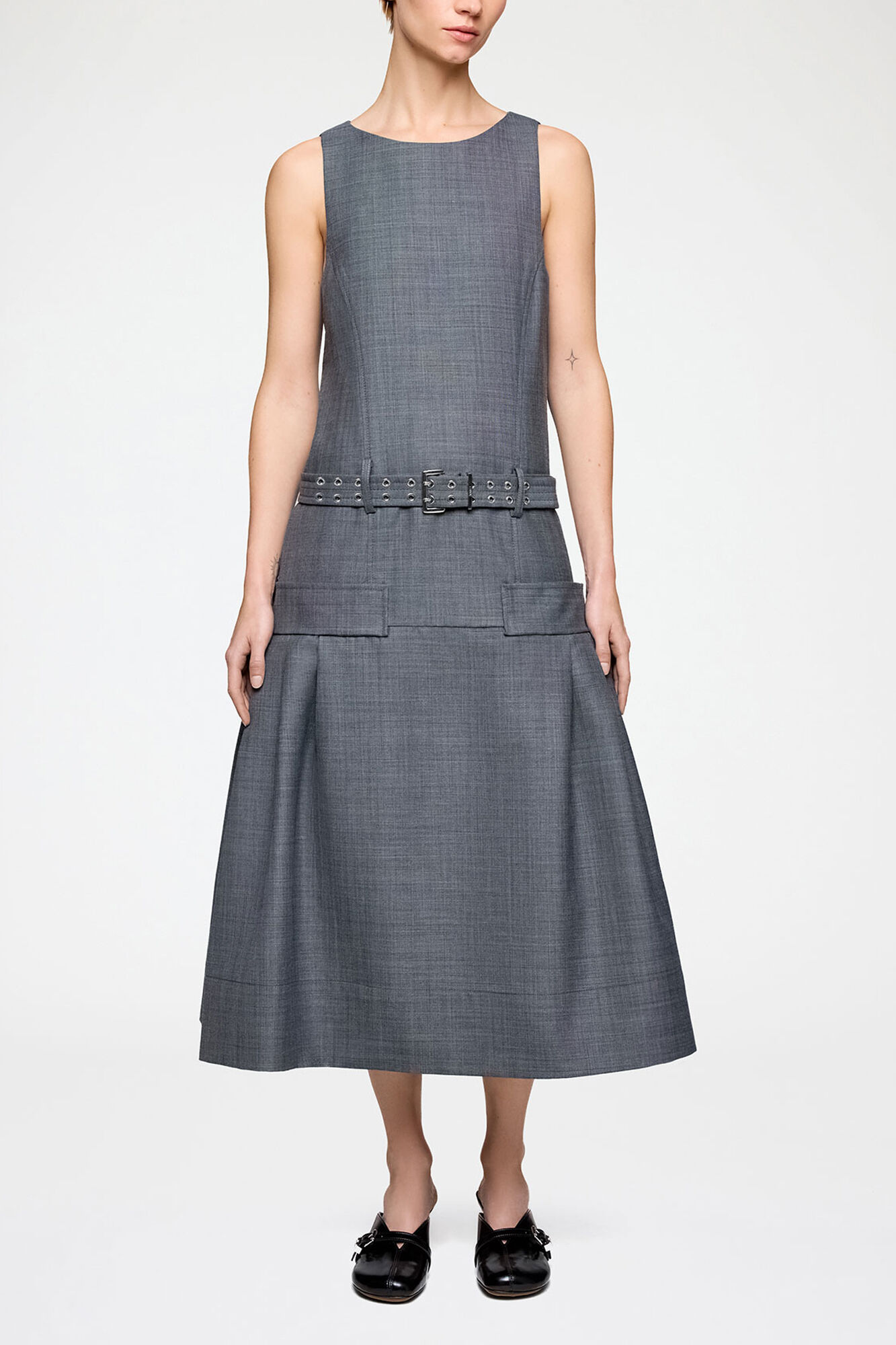Dress in Grey Wool Melange, Wool, in colour Phantom - 1 - GANNI
