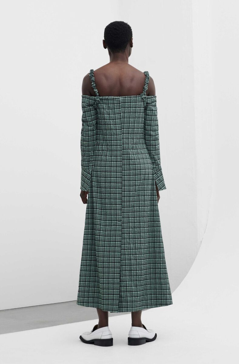 Seersucker Off-Shoulder Maxi Dress, Elastane, in colour Mini Check Green Bay - 2 - GANNI